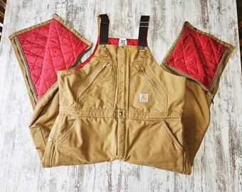 Peto vintage Carhartt para hombre, color marrón pato, con cremallera, forro acolchado rojo, talla 40x28, doble rodilla, lona, ropa de trabajo vintage.