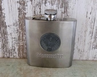 Jagermeister Hip Flask 6 oz Deer Head Stag Logo Stainless Steel Swing Screw Top