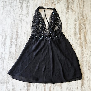 Vintage Frederick&#39;s of Hollywood Size Large Black Sheer Lace Lingerie Halter Baby Doll