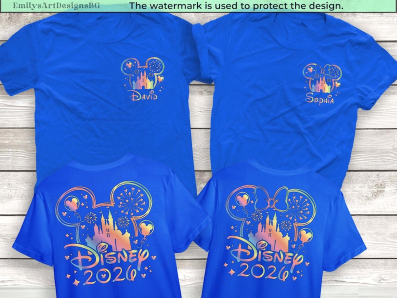 May include: Four blue t-shirts with Disney-themed designs. Two shirts have "David" and "Sophia" printed under a Mickey Mouse head and castle graphic. The other two shirts have "Disney 2026" printed on the back with a colorful castle design.