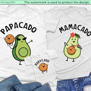 May include: Three white t-shirts with avocado illustrations and the text "Papacado", "Mamacado", and "Babycado".