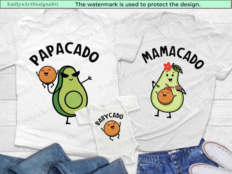 May include: Three white t-shirts with avocado illustrations and the text "Papacado", "Mamacado", and "Babycado".