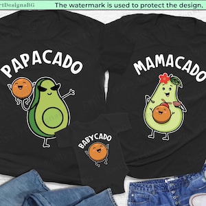 May include: Three black t-shirts with avocado and peach illustrations. The shirts have the text "PAPACADO", "MAMACADO", and "BABYCADO" on them.