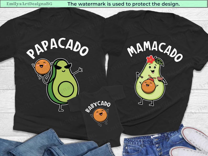 May include: Three black t-shirts with avocado and peach illustrations. The shirts have the text "PAPACADO", "MAMACADO", and "BABYCADO" on them.