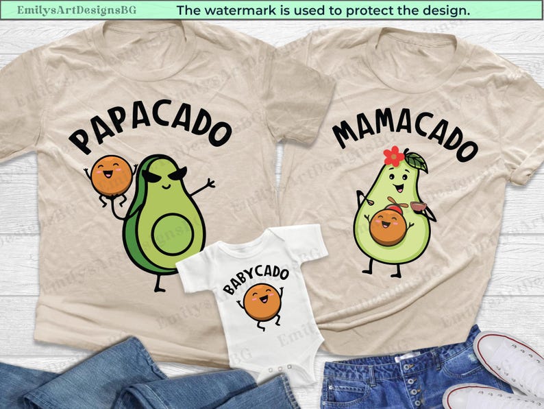 May include: Three tan t-shirts with avocado and orange illustrations. The shirts have the text "PAPACADO", "MAMACADO", and "BABYCADO" on them.