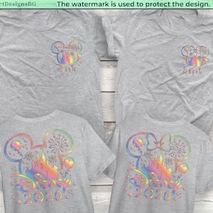 May include: Four gray t-shirts with colorful Disney-themed designs. The front of two shirts feature a Mickey Mouse head with fireworks and the word "Disney 2020". The other two shirts have a smaller design with the word "Sophie".