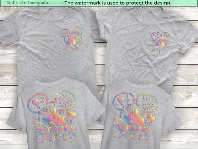 May include: Four gray t-shirts with colorful Disney-themed designs. The front of two shirts feature a Mickey Mouse head with fireworks and the word "Disney 2020". The other two shirts have a smaller design with the word "Sophie".