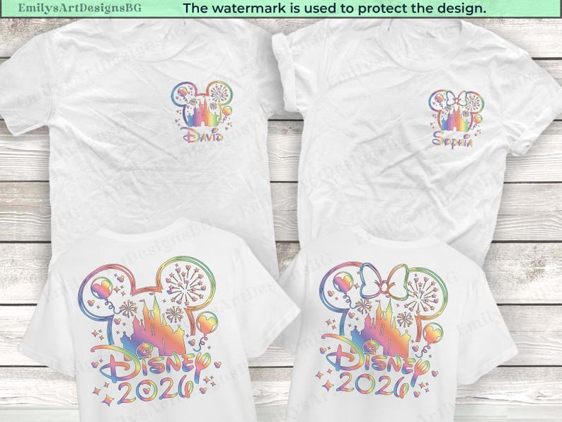 May include: White t-shirts with colorful Disney-themed designs. The shirts feature a Mickey Mouse head with a castle, fireworks, and balloons. One shirt says "David" and another says "Sophia". The bottom shirts say "Disney 2020".