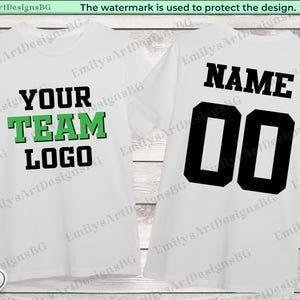 May include: Two white t-shirts with black and green text. The front shirt says "YOUR TEAM LOGO" in black and green text. The back shirt says "NAME 00" in black text.