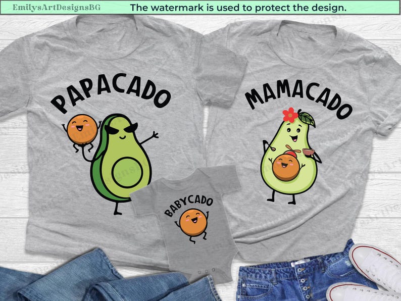 May include: Three grey t-shirts with avocado and orange illustrations. The shirts have the text "PAPACADO", "MAMACADO", and "BABYCADO" on them.