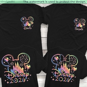 May include: Black t-shirts with a colorful Disney design. The front of the shirts have a Mickey Mouse head with a castle and the names "David" and "Sophia". The back of the shirts say "Disney 2026".