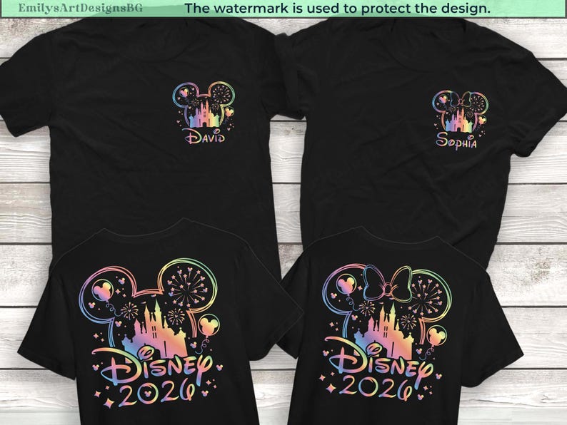May include: Black t-shirts with a colorful Disney design. The front of the shirts have a Mickey Mouse head with a castle and the names "David" and "Sophia". The back of the shirts say "Disney 2026".