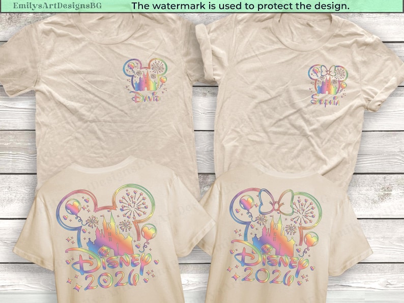 May include: Four beige t-shirts with colorful Disney-themed designs. Two shirts feature a Mickey Mouse head with a castle and the name "Sophia". The other two shirts display "Disney 2020" with a castle and Mickey Mouse ears in rainbow colors.