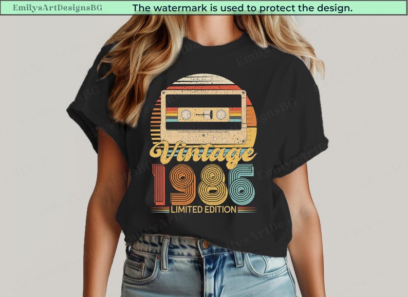 May include: Black t-shirt featuring a retro design with a cassette tape graphic and the text "Vintage 1986 Limited Edition." The design incorporates a sunset-like background with the numbers 1986 in a colorful, vintage style.