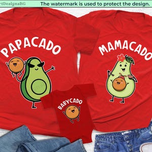 May include: Red t-shirts with avocado and peach illustrations. The shirts say "PapaCado", "MamaCado", and "BabyCado".