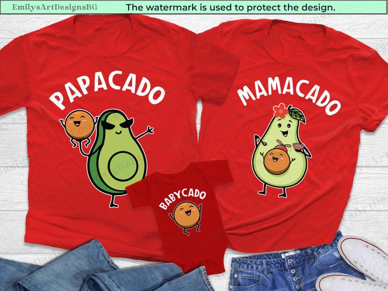 May include: Red t-shirts with avocado and peach illustrations. The shirts say "PapaCado", "MamaCado", and "BabyCado".