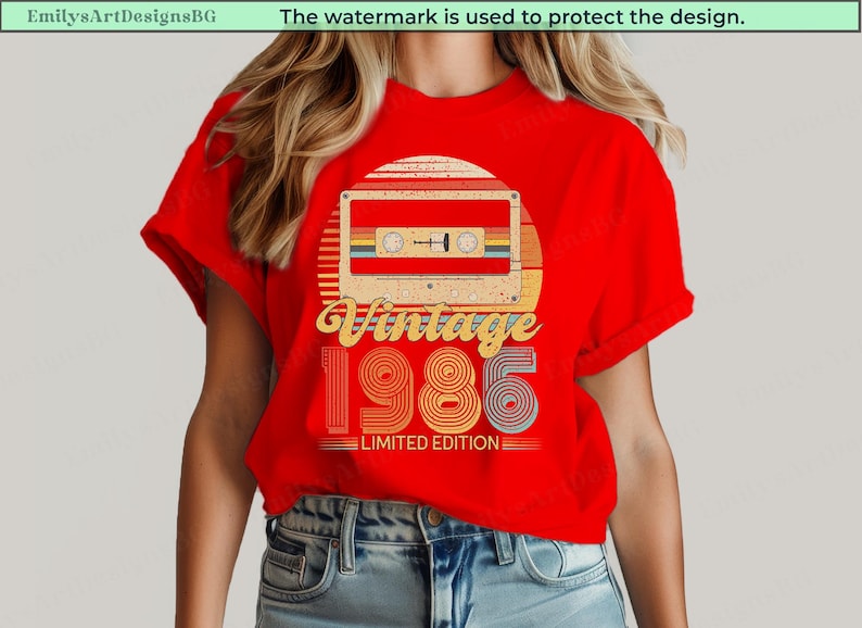 May include: Red t-shirt featuring a retro cassette tape design with the text "Vintage 1986 Limited Edition." The design includes a sunburst background and colorful stripes. The shirt is a classic crew neck.