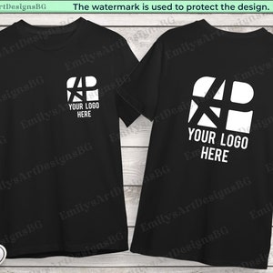May include: Black t-shirt with a white logo on the front and back. The logo is a stylized design with the text "YOUR LOGO HERE".