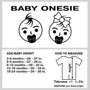 May include: Black and white illustration of a baby onesie size chart. The chart shows the recommended age and height for different sizes of baby onesies. It also includes instructions on how to measure a baby's height for a proper fit. The text reads "BABY ONESIE", "AGE/BABY HEIGHT", "HOW TO MEASURE", "Tolerance +/- 1-2in.", and "MEASURE your Baby height".