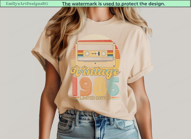 May include: Beige t-shirt with a retro design featuring a cassette tape, the word "Vintage," and the year "1985." The design includes colorful stripes and the text "Limited Edition."
