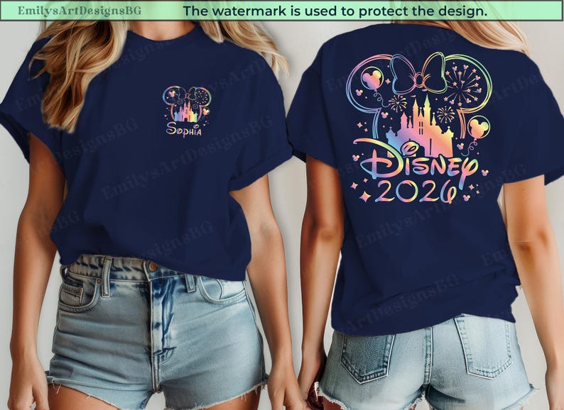 May include: Navy blue t-shirt with a colorful Disney design. The front features a castle and the name "Sophia". The back displays a Minnie Mouse bow, castle, fireworks, and the text "Disney 2026".