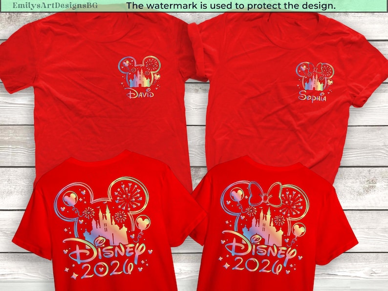 May include: Red t-shirts with Disney-themed designs. One shirt features "David" and a castle design, while the other says "Sophia." The lower shirts display "Disney 2026" with a castle and fireworks design. The designs are in iridescent colors.