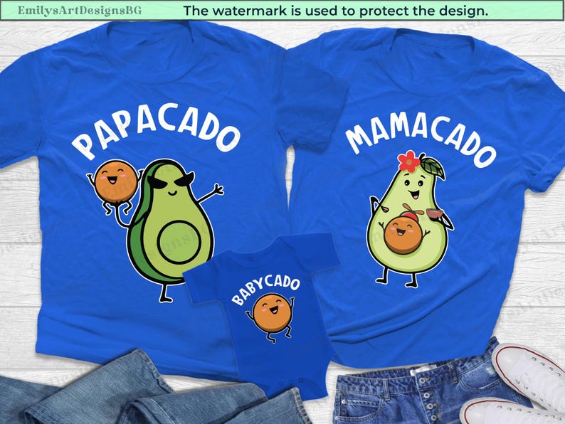 May include: Three blue t-shirts with avocado and peach illustrations. The shirts have the text "PAPACADO", "MAMACADO", and "BABYCADO" on them.