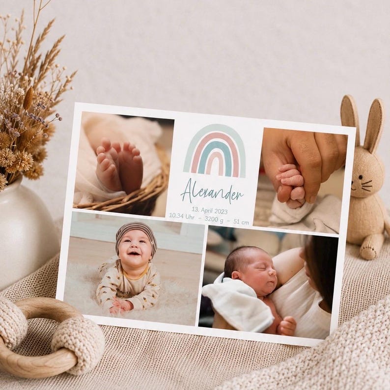 Pu&ograve; includere: Un collage a tema neonato con quattro foto. In alto a sinistra sono visibili i piedini del bambino, e in alto a destra una mano che tiene la mano del bambino. Le due foto in basso mostrano il bambino. Il collage include un arcobaleno e il nome "Alexander".
