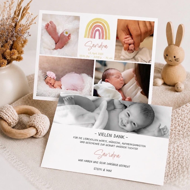 Pu&ograve; includere: Un biglietto di annuncio nascita con foto di un neonato, di nome Sandra, con dettagli sulla nascita. L'immagine include anche un coniglietto di legno e un anello per la dentizione. Il peso alla nascita del bambino era di 3200 grammi e 51 cm.