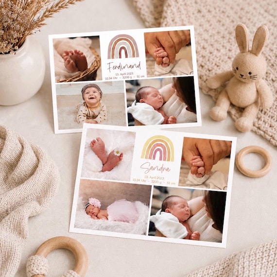 Personalisierte Dankeskarte zur Geburt | personalisierte Karte mit Fotos, Geburtsdaten und Text auf der Rückseite | DINA6-Format