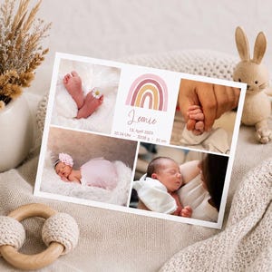 Pu&ograve; includere: Biglietto di annuncio nascita personalizzato con quattro foto. Presenta un arcobaleno, il nome "Leonie" e i dettagli della nascita: data, ora, peso (3200 grammi) e lunghezza (51 cm).