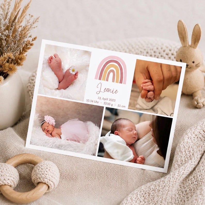 Pu&ograve; includere: Biglietto di annuncio nascita personalizzato con quattro foto. Presenta un arcobaleno, il nome "Leonie" e i dettagli della nascita: data, ora, peso (3200 grammi) e lunghezza (51 cm).