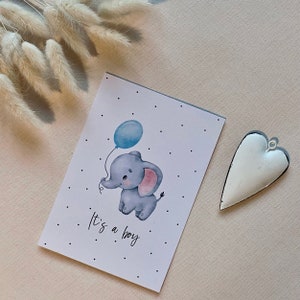 Karte zur Geburt | Babykarte Junge | It's a boy | Format DINA6 | Elefant | Ballon | Junge | blau