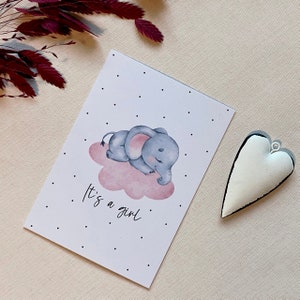 Karte zur Geburt | Babykarte Mädchen | It's a girl | Format DINA6 | Elefant | Rosa | Wolke | Mädchen