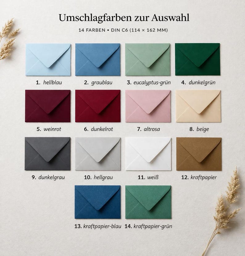 Pu&ograve; includere: Una selezione di 14 buste colorate in varie tonalit&agrave;, tra cui azzurro, rosso scuro e beige. Il testo "Umschlagfarben zur Auswahl" &egrave; in alto, con le dimensioni delle buste in millimetri. Ogni busta &egrave; etichettata con un numero e un nome di colore.
