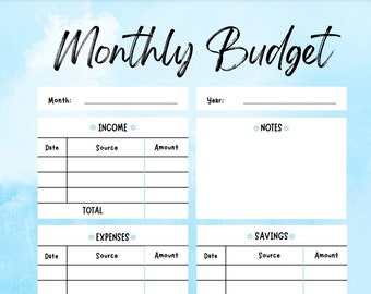 Planificador de presupuesto mensual azul cielo / Plantilla PDF imprimible