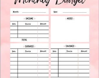 Planificador de presupuesto mensual de Pink Cloud / Plantilla PDF imprimible