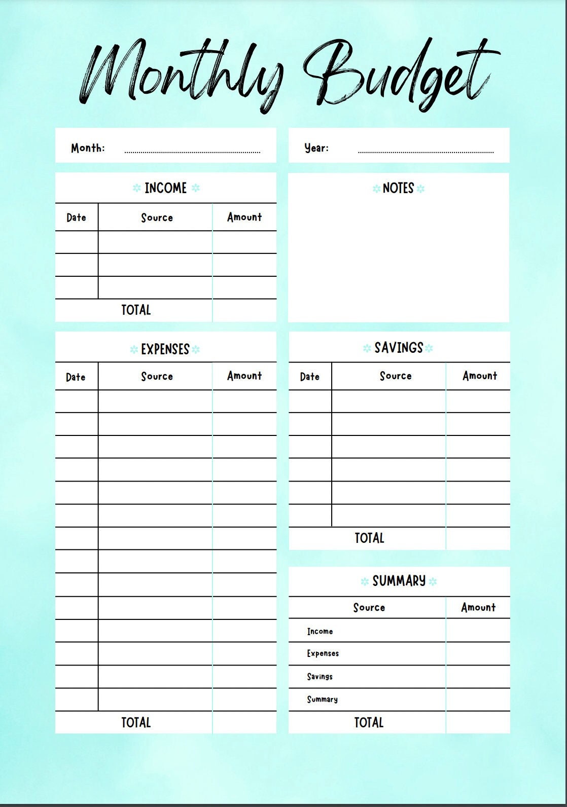 Monthly Budget Template (mint) - Etsy