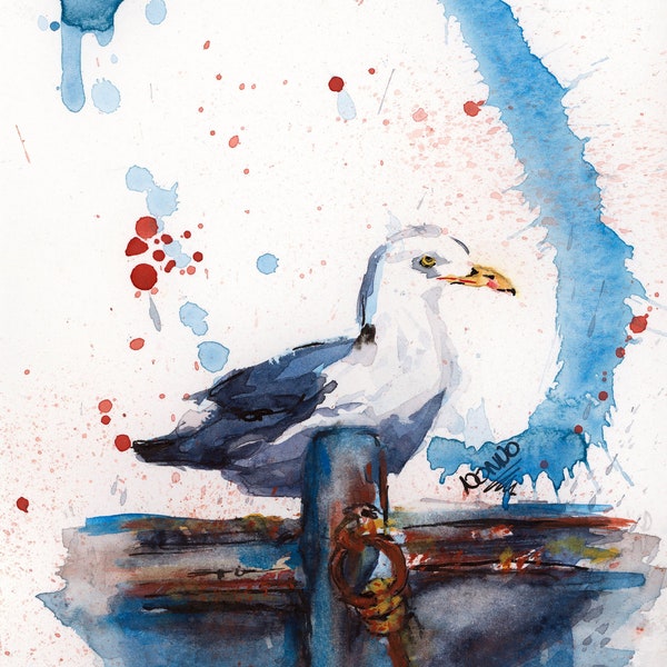 Aquarelle Oiseau Marin "Goeland"