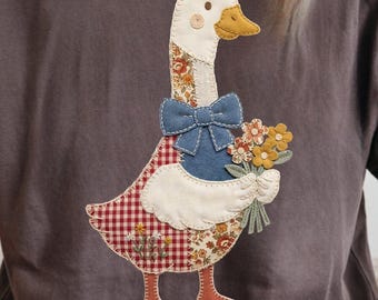 Oie patchwork PNG, Canard coquette rétro floral PNG, Faux patchwork vichy style cottage, Patchwork printanier PNG