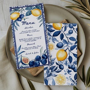 Zitronen-Hochzeitsmenüvorlage Canva | Mediterranes Hochzeitsmenü zum Ausdrucken | Doppelseitige bearbeitbare Menükarte | Vorlage für ein Sommerhochzeitsessen