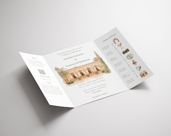 Modèle Canva double face avec croquis personnalisé du lieu de réception et invitation de mariage dépliable dessinée à la main. Programme de mariage modifiable.