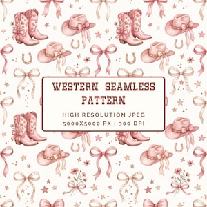 May include: A seamless pattern featuring pink cowboy boots, hats, bows, horseshoes, and stars. The text in the center reads "WESTERN SEAMLESS PATTERN". The image is a high-resolution JPEG, 5000x5000 px at 300 DPI.