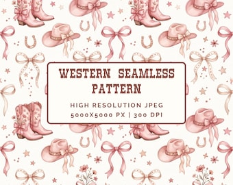 Papier cyfrowy „Coquette Cowgirl”, różowy, bezszwowy wzór w stylu western, akwarelowe kowbojskie buty i kokardy w stylu boho, tapeta w stylu retro western