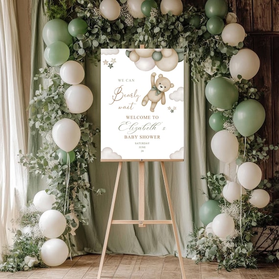 We Can Bearly Wait Baby Shower Welcome Sign, Editable Canva Template, Printable Bear Balloon Poster, Gender Neutral Baby Shower Decor