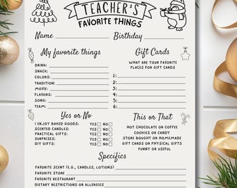 Teacher Questionnaire Survey A Few of My Favorite Things Teacher Christmas List Teacher's Favorite Things Survey Holiday, Wishlist Printable