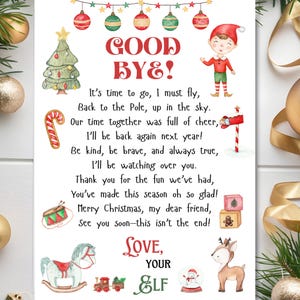 May include: A Christmas-themed card with the words "GOOD BYE!" and a poem. The card features illustrations of a Christmas tree, elf, candy cane, drum, rocking horse, train, deer, and snow globe. The card is decorated with Christmas ornaments.