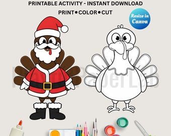 Déguisement de dinde à imprimer, costume de Père Noël pour dinde, activité manuelle pour enfants sur le thème de Thanksgiving, déguisement de dinde à faire soi-même, téléchargement instantané