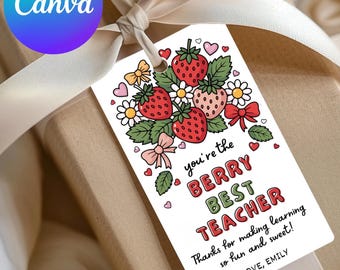 Modèle Canva modifiable d'étiquette cadeau pour la remerciement des enseignants, cadeau fraise pour l'enseignant, étiquette « Meilleur enseignant » (avec baies), cadeau de fin d'année scolaire