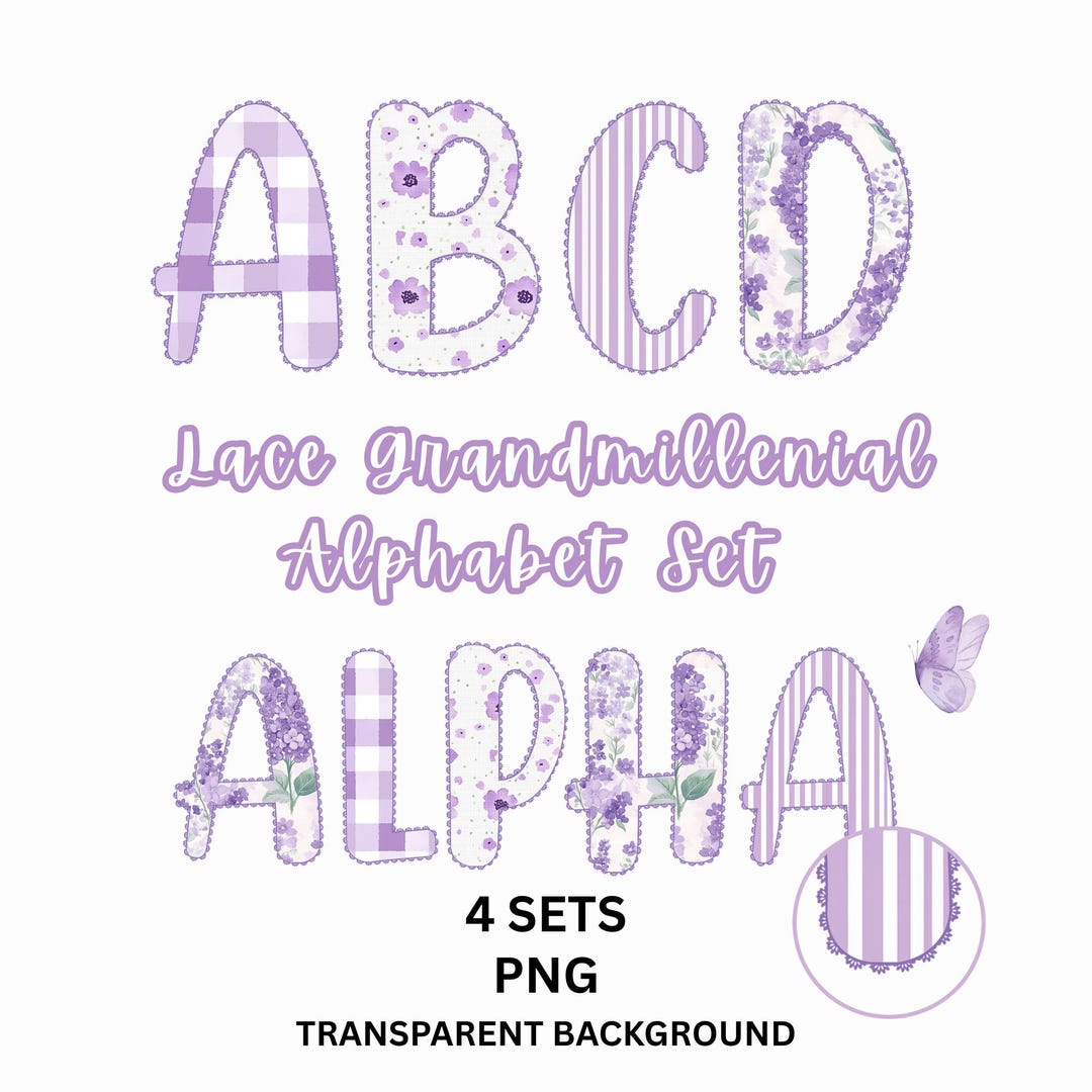 Grandmillennial Lace Trim Alphabet Set PNG, Preppy Lilac Floral Alpha ...